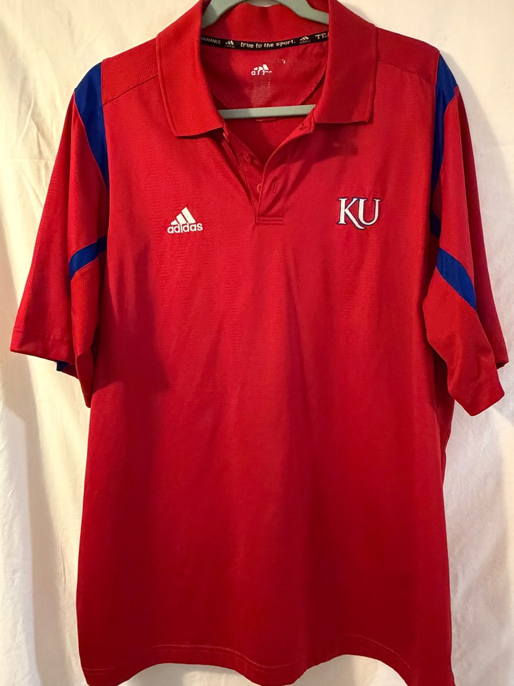adidas Red Polo with Blue Sleeve Accents and KU Logo